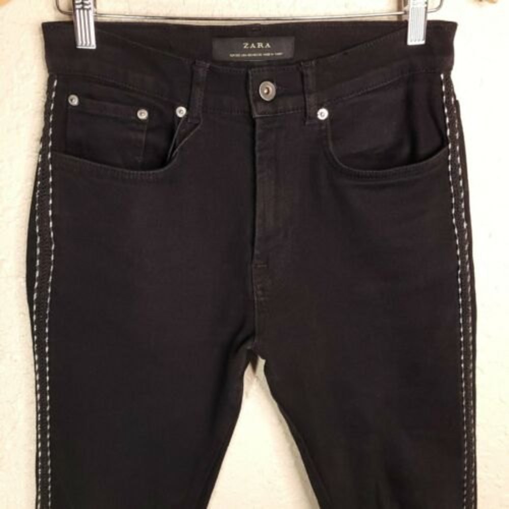 Zara Man Denimwear Black Denim Jeans with Side Silver Ribbon Trim 30 x 28.5